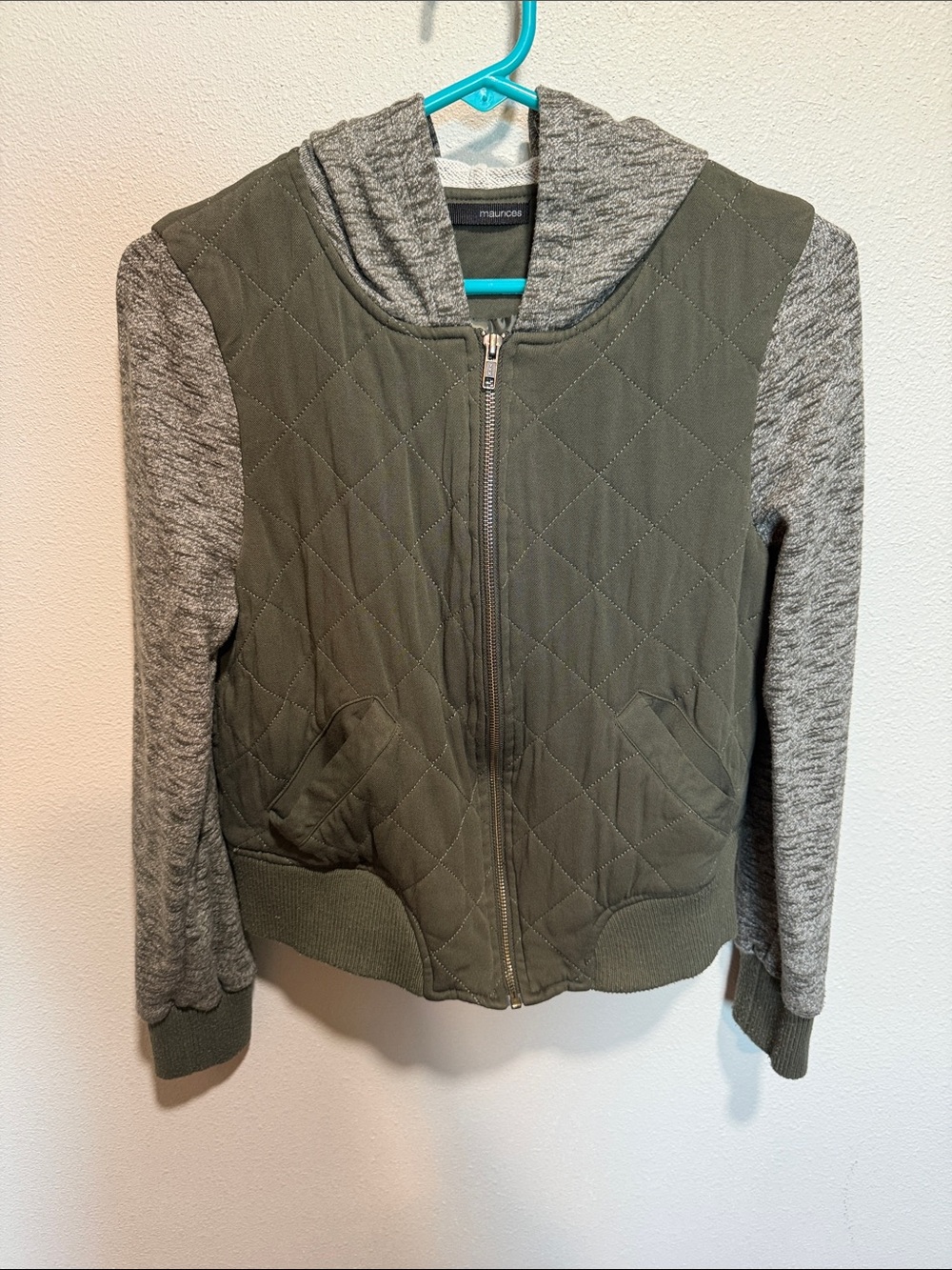 Maurices Quilted Olive Green Jacket with Gray Sleeves